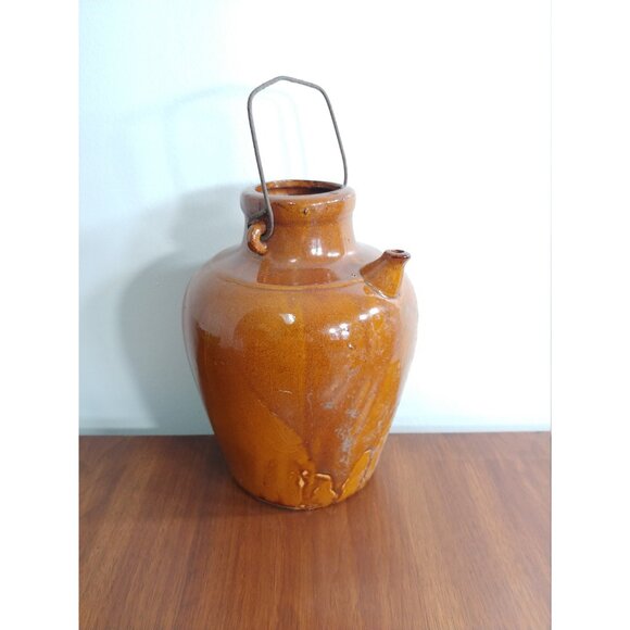 Vintage stoneware vinegar ewer, Brown glazed pottery oil jug - Picture 3 of 11